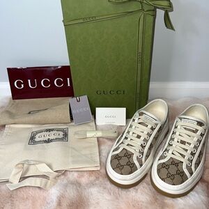 Gucci Beige and White Logo Sneakers